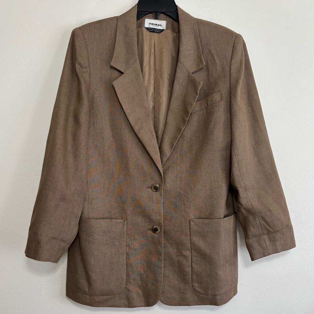Vintage Tribal Sportswear 100% Linen Blazer Taupe Brown Size 12